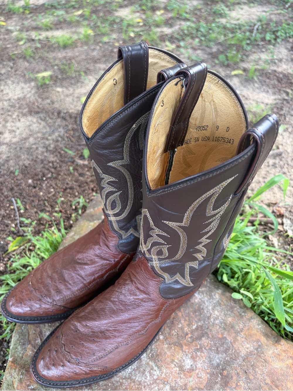 Tony Lama Two-Tone Ostrich Leather Cowboy Boots - Picture 3 of 6